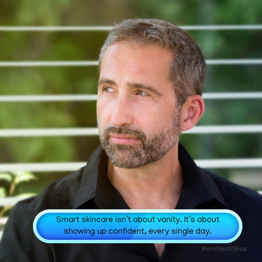 Confident mature man looking out thoughtfully, representing smart skincare for mature skin.